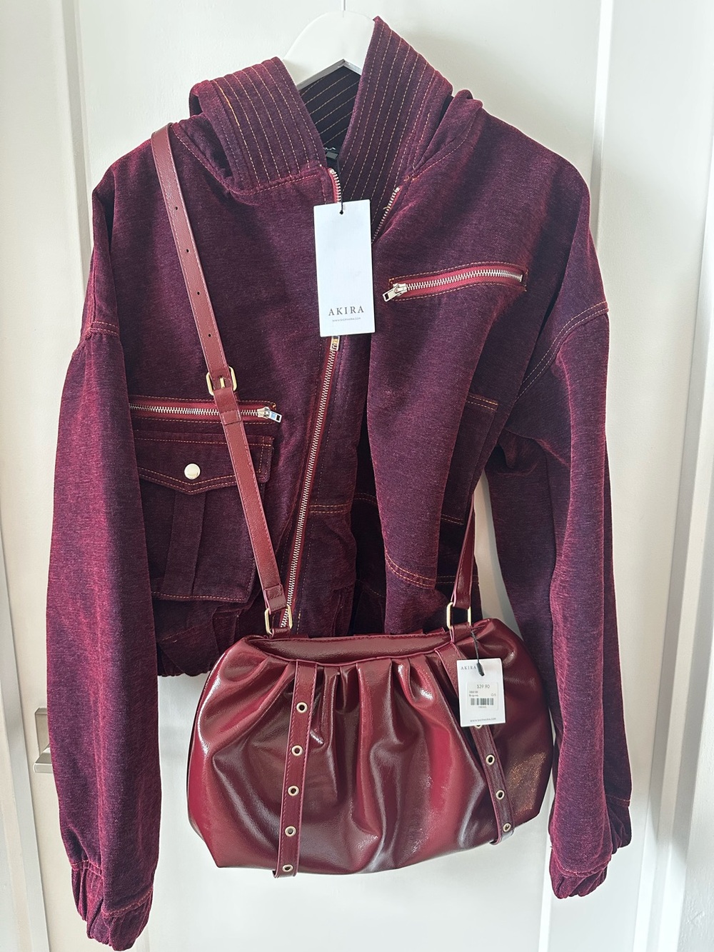Velvet Hooded Jacket in Burgundy & Bag